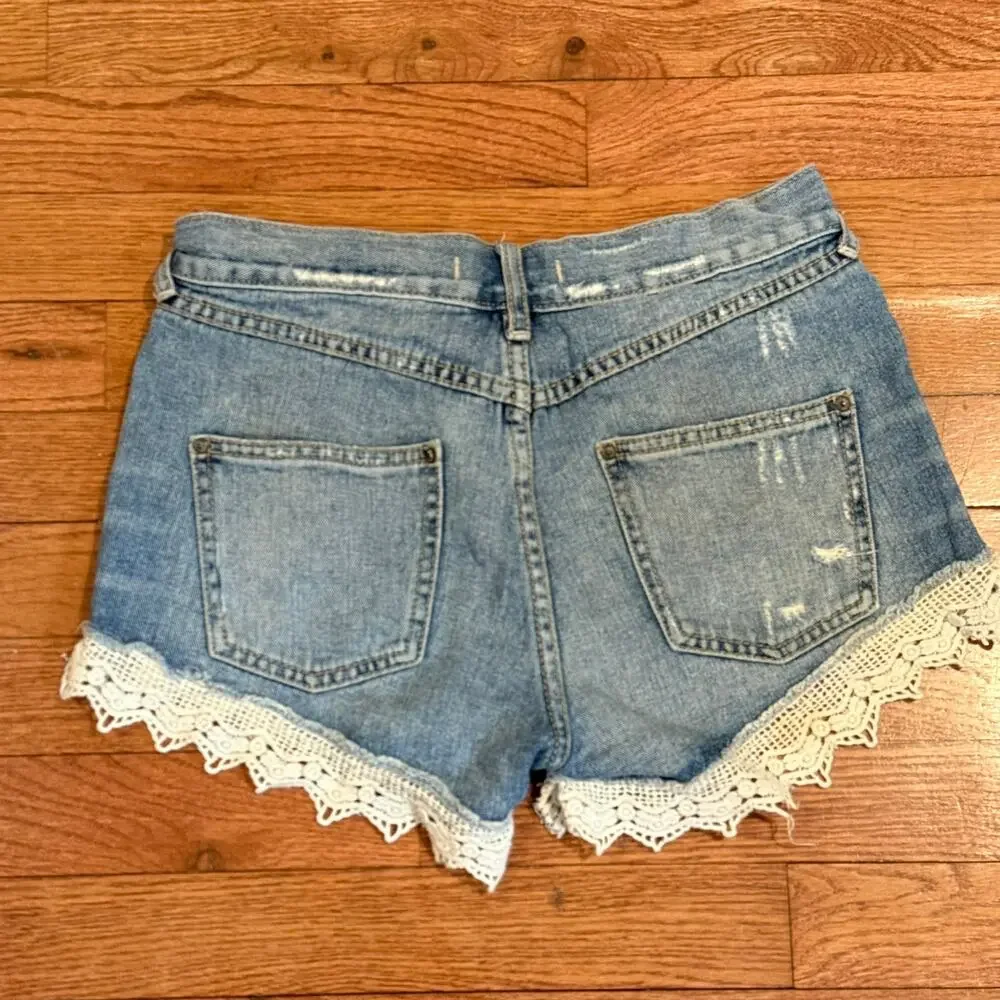 Free People Lace Trim Distressed Denim Shorts Womens 24 Boho Festival